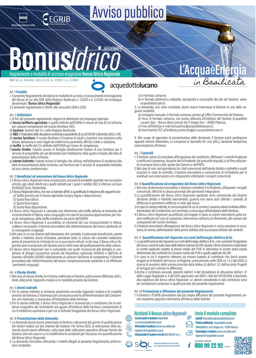 Parte il Bonus Idrico in Basilicata Modulo disponibile per la richiesta NoiBasilicata